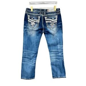 Rock Revival Kai Sequin Embellished Stitching Dark Wash Denim Crop Capri Jeans